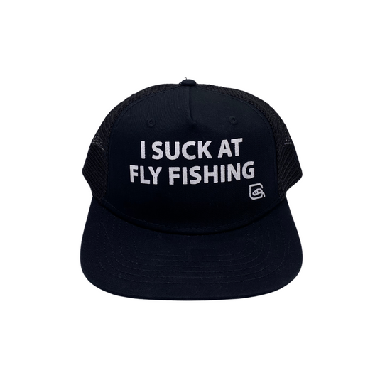 HugeFlyFisherman I Suck at Fly Fishing Trucker Hat – Blackfoot