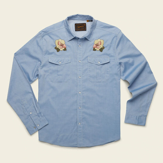 Howler Bros Gaucho Snapshirt - Irie Hibiscus: Faded Blue Oxford -SALE